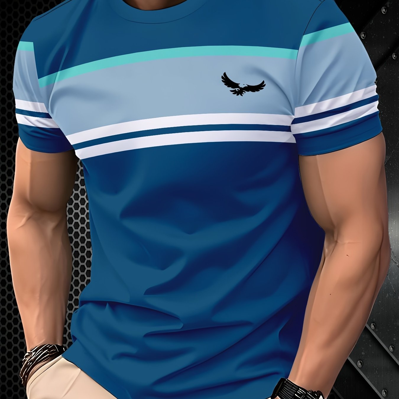 Men'S 3D Blue Casual T-Shirt with Eagle Logo - Lightweight, Stretchy Fabric, Short Sleeve, Round Neck, Perfect for Outdoor Casual Attire, Casual Wear Graphic Tee Comfortable Fit, Essential T Shirt