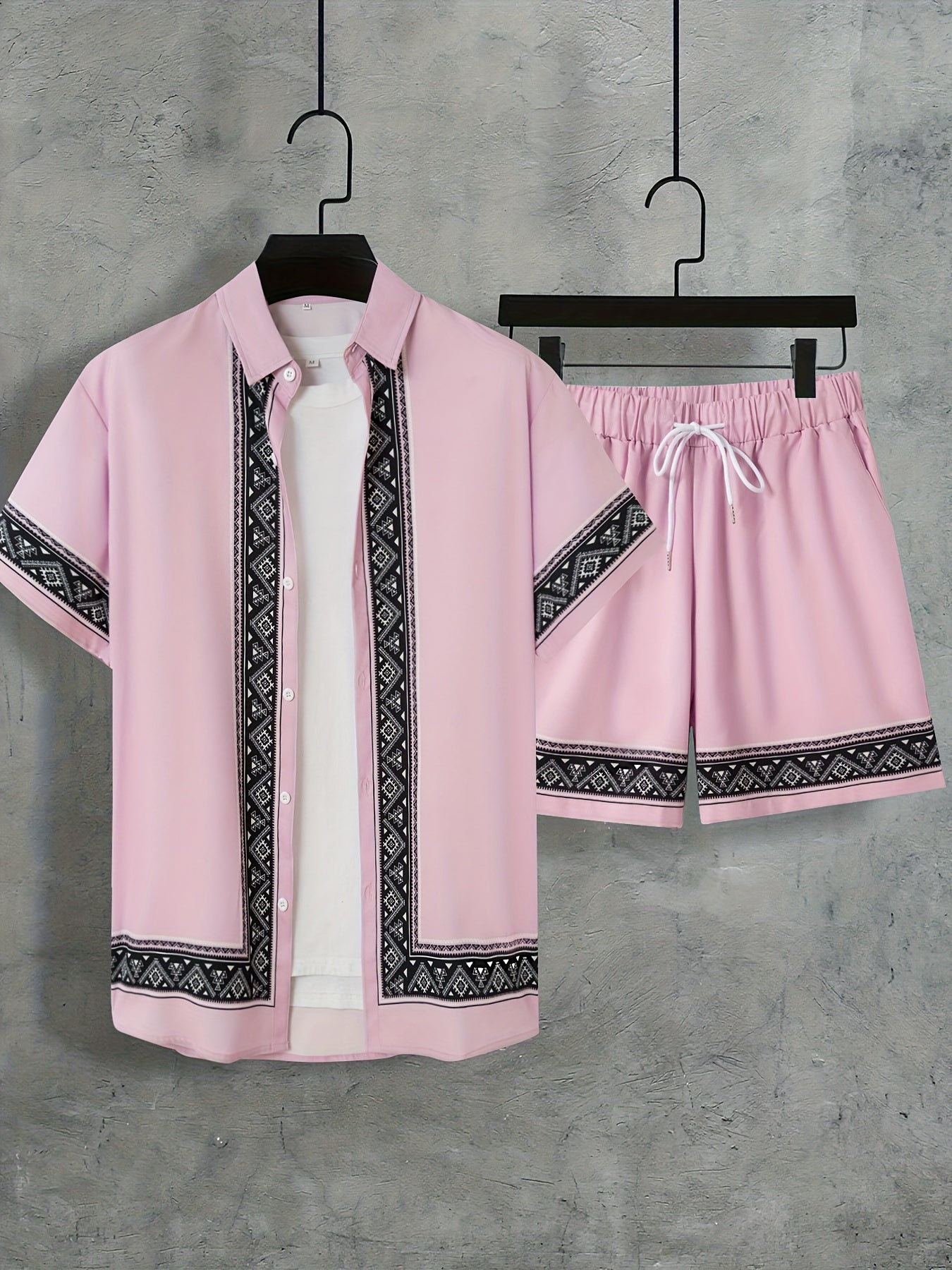 Men'S Two-Piece Set Consisting of a Casual Short-Sleeve Button-Up Shirt And Drawstring Pants, Perfect for Summer Wear.