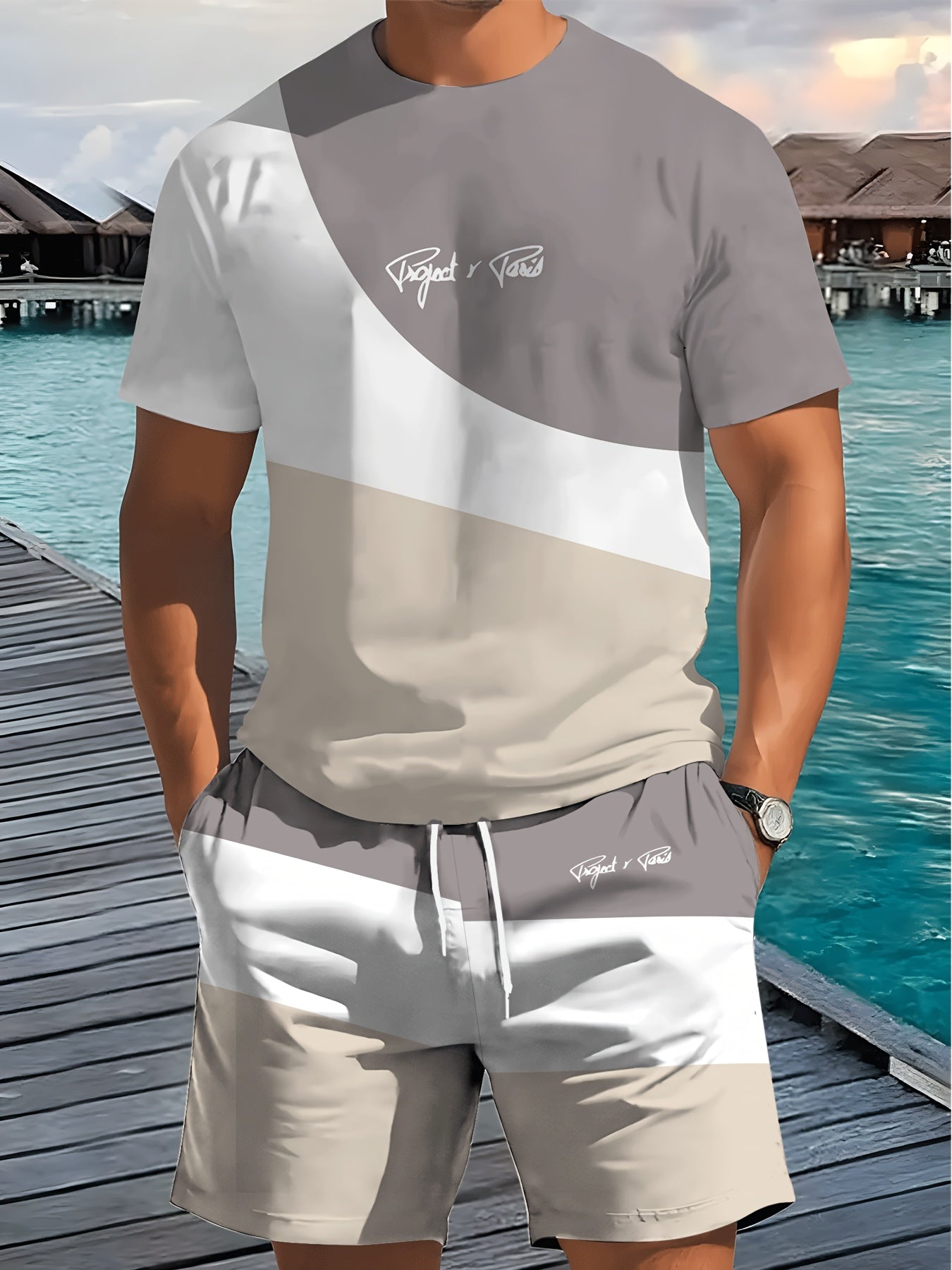 1 Set of 2pcs 3D Letter Print Fashion Tri-Color Men's Summer Fresh T-Shirt and Shorts Set, Slightly Stretchy Polyester Knit Fabric, Regular Fit, Suitable for Outdoor Activities and Family Gatherings