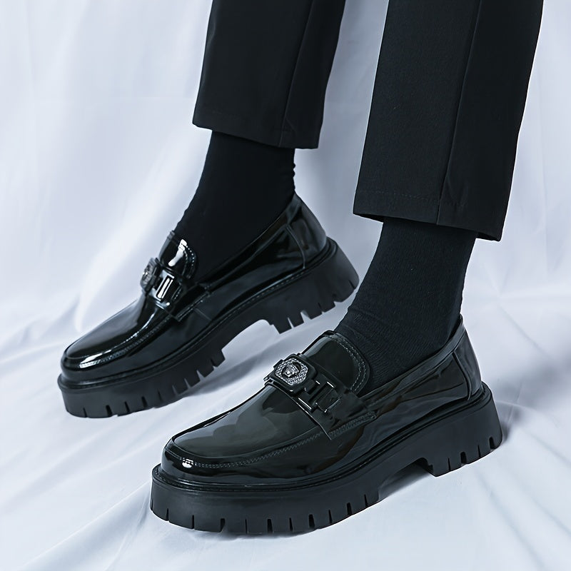 Men'S Black Soft Patent Platform Chunky Heel Loafers Fashion Tassel Business Casual Formal Work Shoes Non-Slip Lug Sole Slip-On Penny Loafers