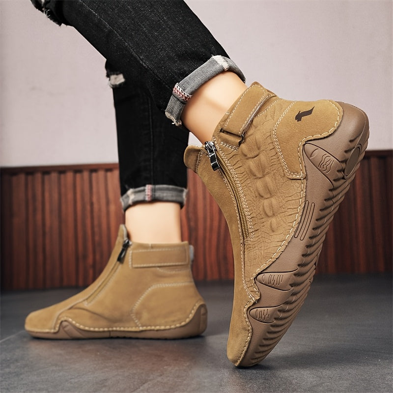 Men'S High-top Casual Shoes With Anti-slip, Comfortable, Outdoor, Fashionable, Plus Size, Business, Hand-stitched, Zipper, Cro, Lace-up.
