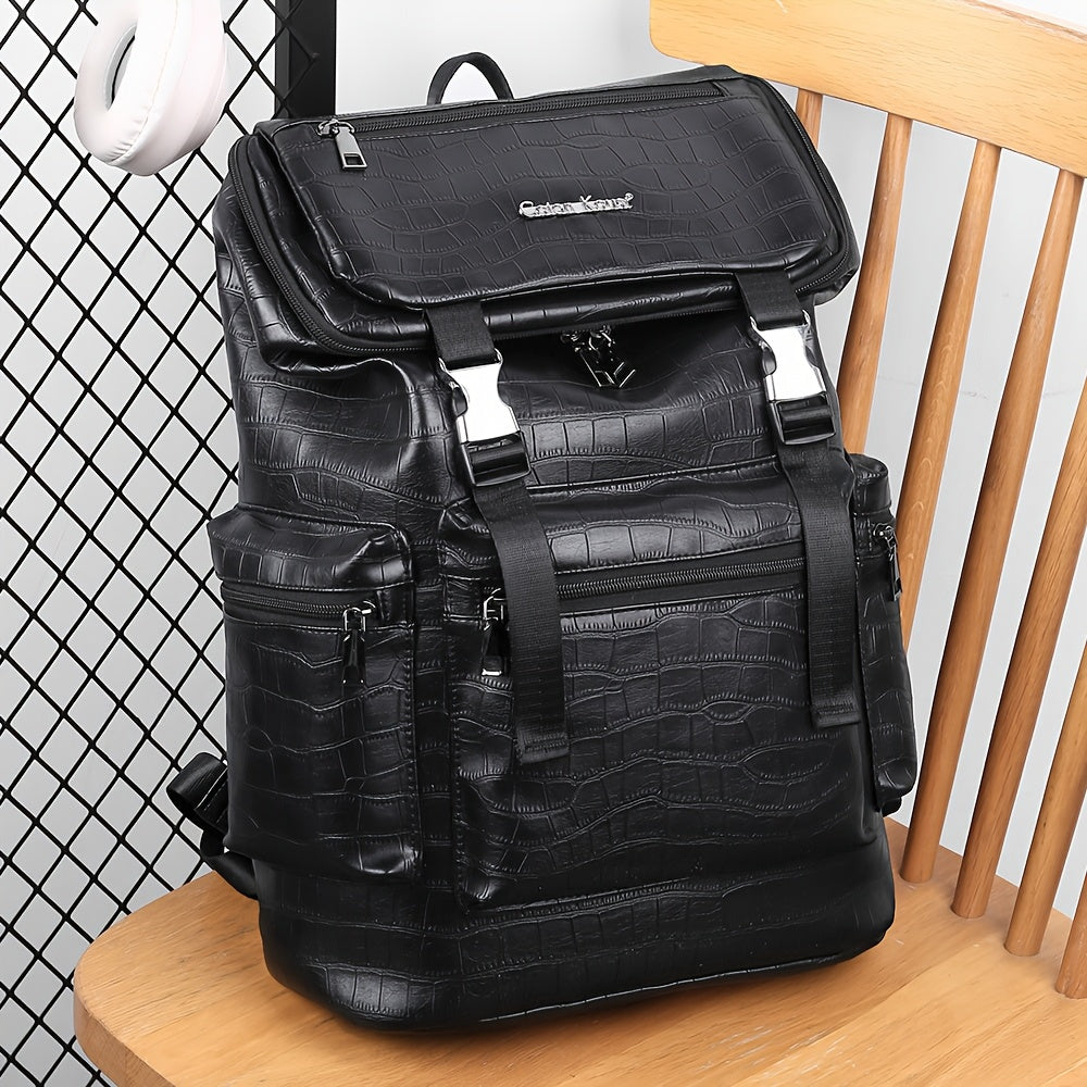 Unisex Backpack with Crocodile Texture, Large Capacity, Anti-Theft, Multi-Compartment, Fits 14-inch Laptop, Casual Travel Business Commute, Minimalist Style, No Battery - Black