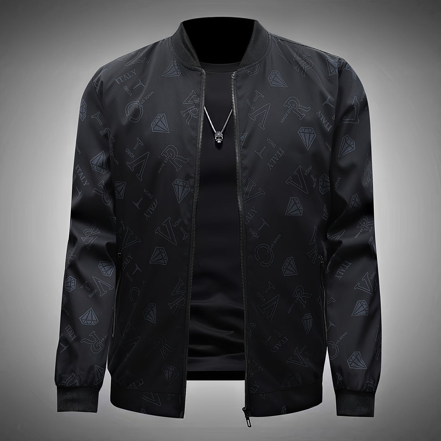Men's Fashion Bomber Jacket Spring/Fall Collection, Casual Alphabet Print Polyester Jacket with Zipper, Baseball Collar, Long Sleeve, Regular Fit, Non-Stretch Woven Fabric, Casual Outfit with Pocket