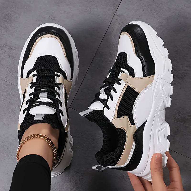 Women's Breathable Mesh Chunky Sneakers - Lightweight Casual Dad Shoes with Soft EVA Sole, White Golden Accents, Black Golden Design, Perfect for Running, Travel Casual Attire