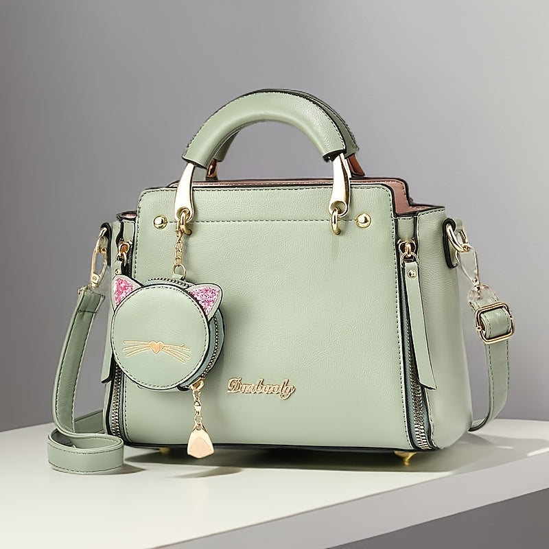 Visually Appealing Light Green Handbag with Adjustable Strap & Cat Charm – Versatile Shoulder Bag for Travel, Shopping, and Gifting, Travel Handbag | Minimalist Design | Polyester Lining, Crossbody Purse