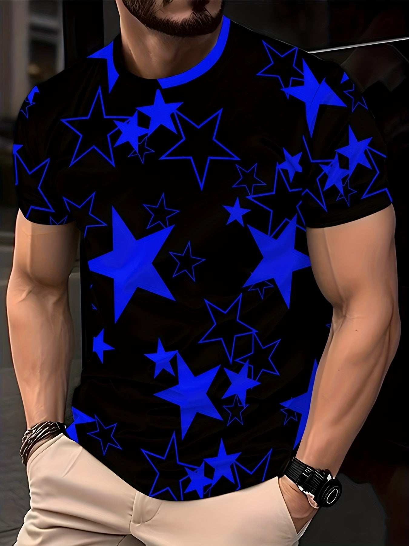 Men's Allover Color Blocking Stars Pattern Short Sleeve Crew Neck T-shirt For Summer, Casual Stylish Tee As Gift
