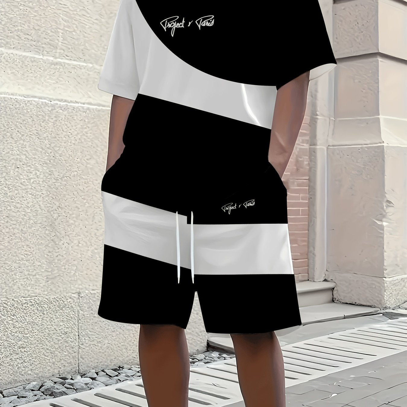 1 Set of 2pcs 3D Letter Print Fashion Tri-Color Men's Summer Fresh T-Shirt and Shorts Set, Slightly Stretchy Polyester Knit Fabric, Regular Fit, Suitable for Outdoor Activities and Family Gatherings