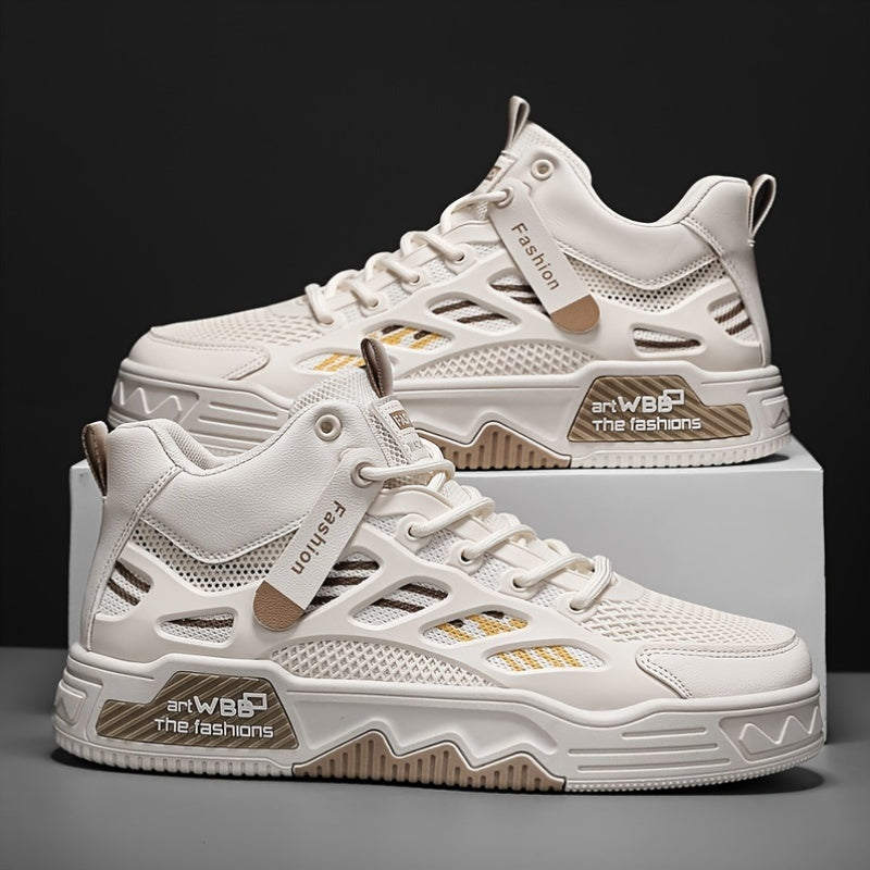 Men's High Top Fashion Sneakers Graphic Print Lace-Up Casual Skateboard Shoes with Round Toe, PU Mesh Upper, Fabric Lining, and Rubber Sole