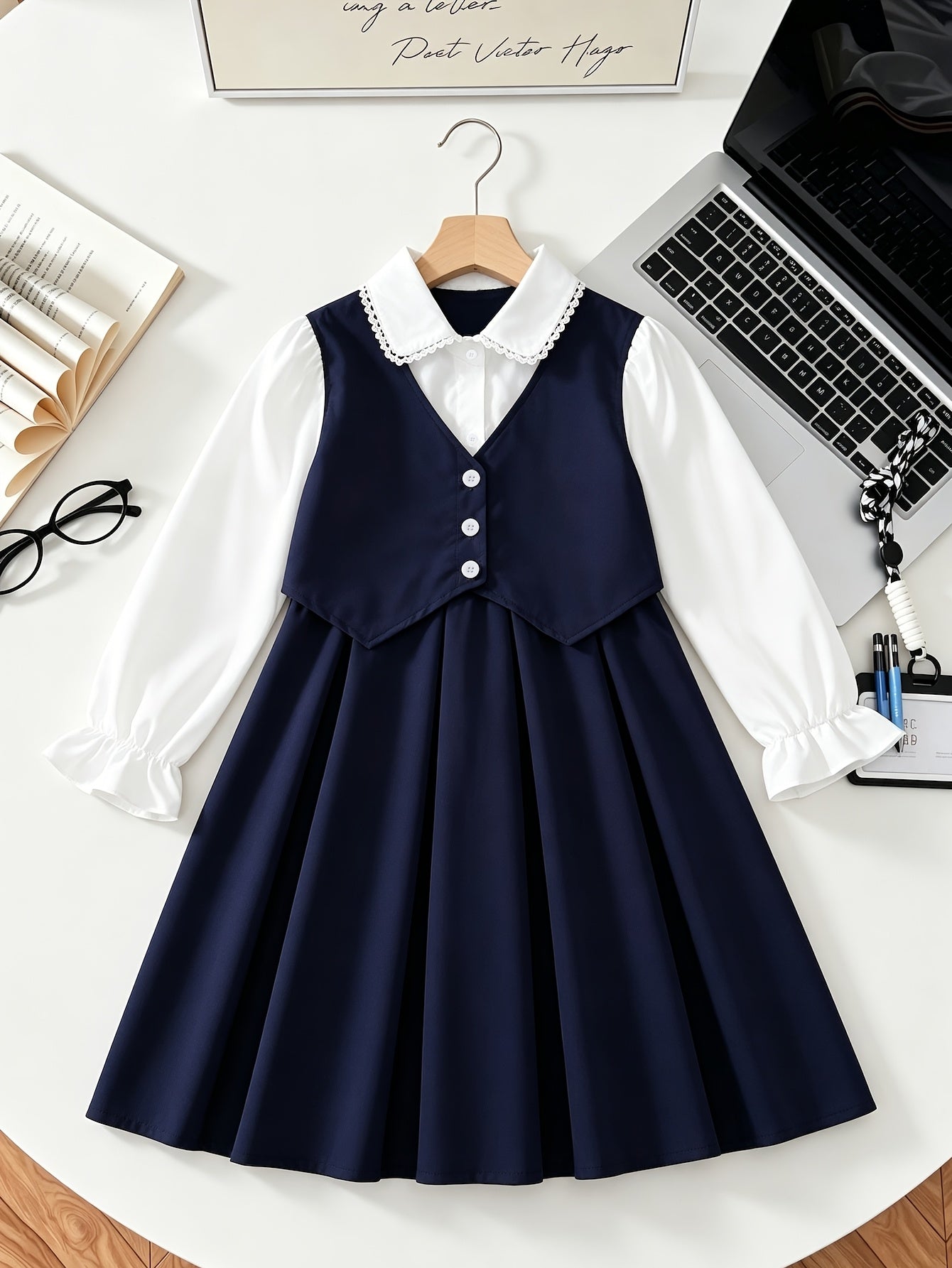 Girls' Preppy 2-in-1 School Uniform Dress with Lace Vest