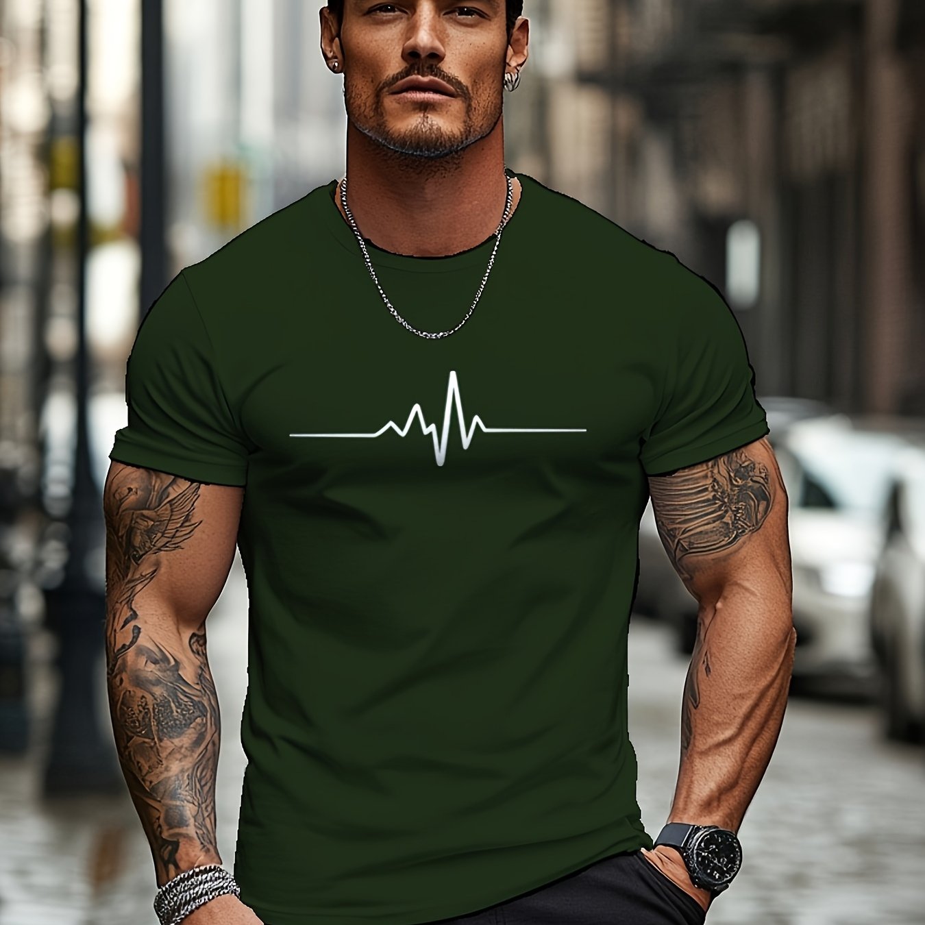 Men'S Brown T-Shirt with ECG Heartbeat Graphic - Casual Streetwear, Short Sleeve, Round Neck, Stretch Fabric, All-Season Comfort, Casual Streetwear Tee Round Neck Tshirt Comfortable Fit
