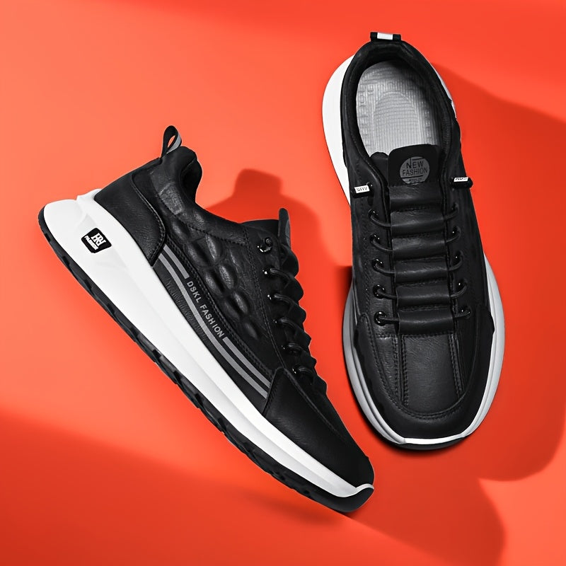 Men's Breathable Casual Sneakers - Comfortable, Versatile Stylish Shoes for Running, Sports Casual Attire, Black with White Accents, PU Upper PVC Sole, Round Toe, Lace-Up Design, All-Season Use
