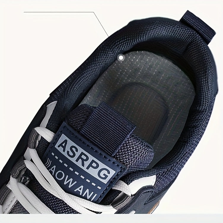 Men's Breathable Low-Top Casual Sneakers - Sporty Lace-Up Walking Shoes with Navy/White/Golden Accents, All-Season Outdoor Everyday Comfort, Durable Fabric Upper PVC Sole, Comfortable Footwear, Sleek Shoe Design, Lightwei