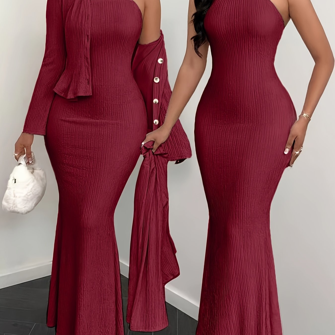 YY0102111 Elegant Solid Color Camisole Dress and Cardigan 2pcs Set, Suitable for Spring Summer Autumn