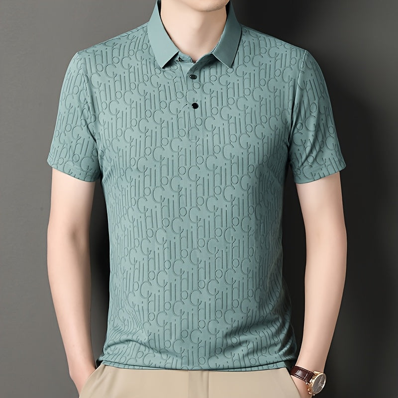 Men'S Casual Summer Short Sleeve T-Shirt with "Gil" Letter Print, Light Gray, Button-Up Collar, Medium Stretch Fabric, Regular Fit, Perfect for Weekend Outings, Relaxed Outing Shirt Letter Print Tee Medium Stretch Fabric