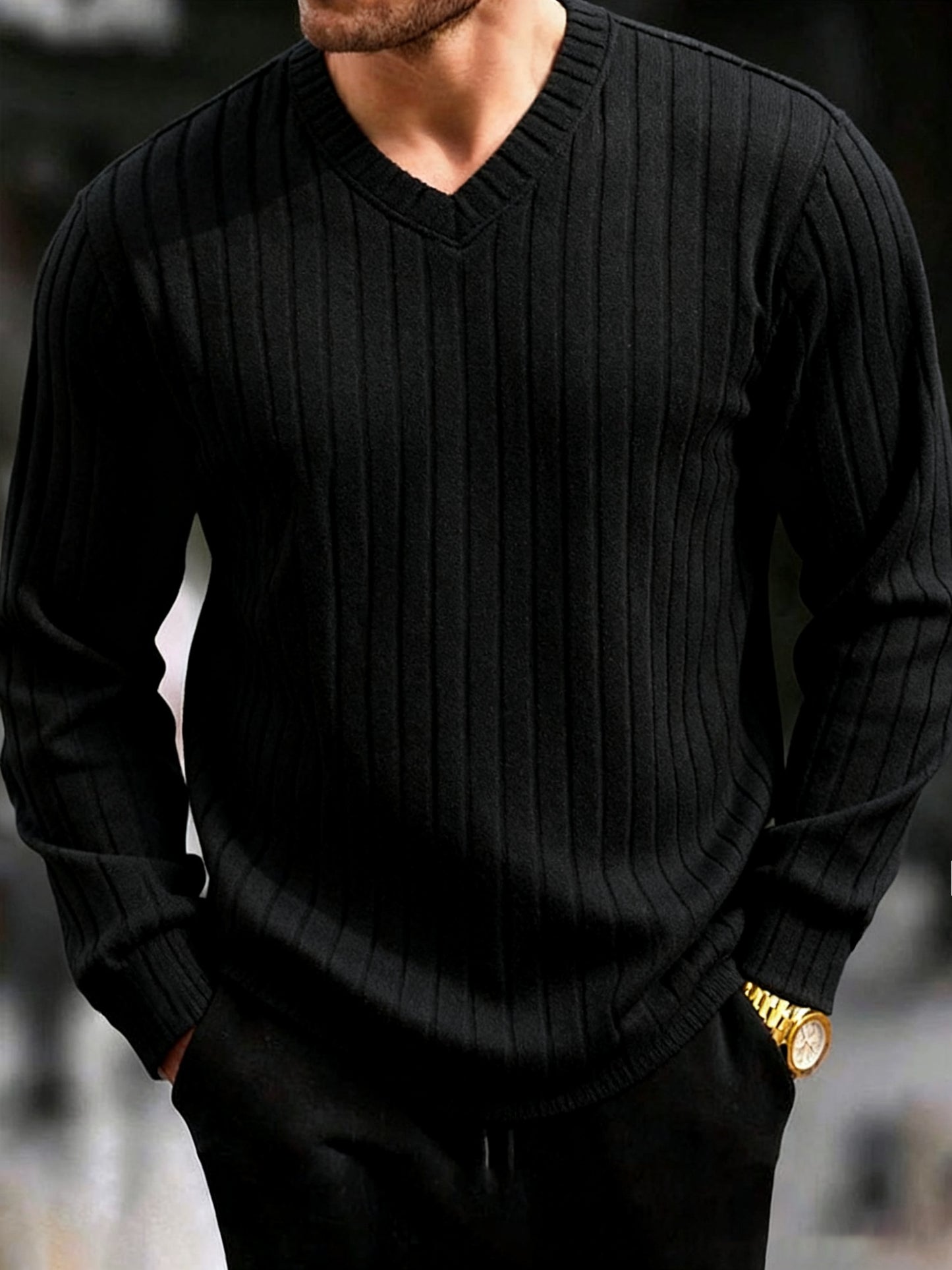 Men's V-Neck Striped Sweatshirt - Comfortable Casual Basic