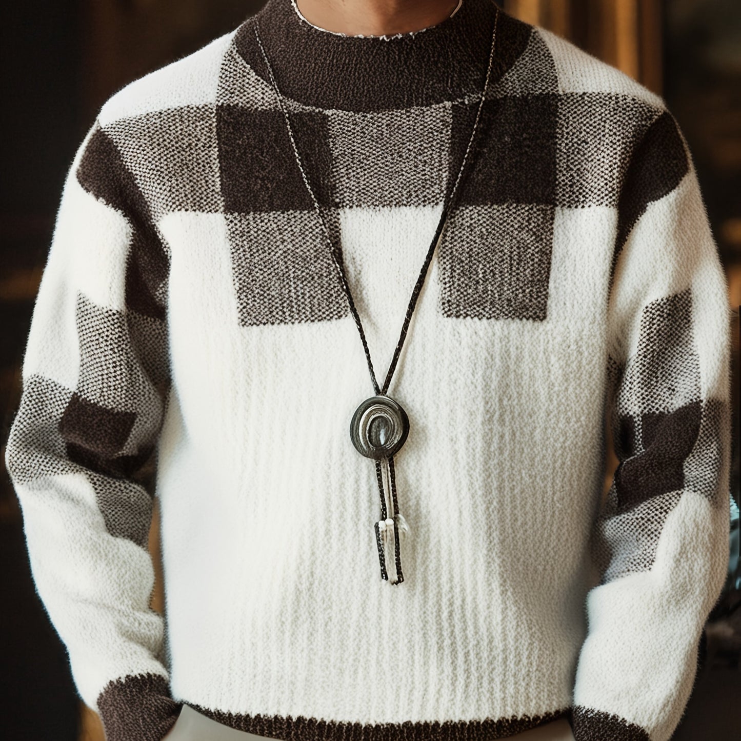 Men's Round Neck Pullover, Autumn and Winter New Styles, Trendy and Versatile, Durable, Thick and Warm, Long Sleeved, Checkered Pattern, Skin Friendly, Comfortable, Soft, Youthful and Trendy, Slim Fit, Fashionable, Business a