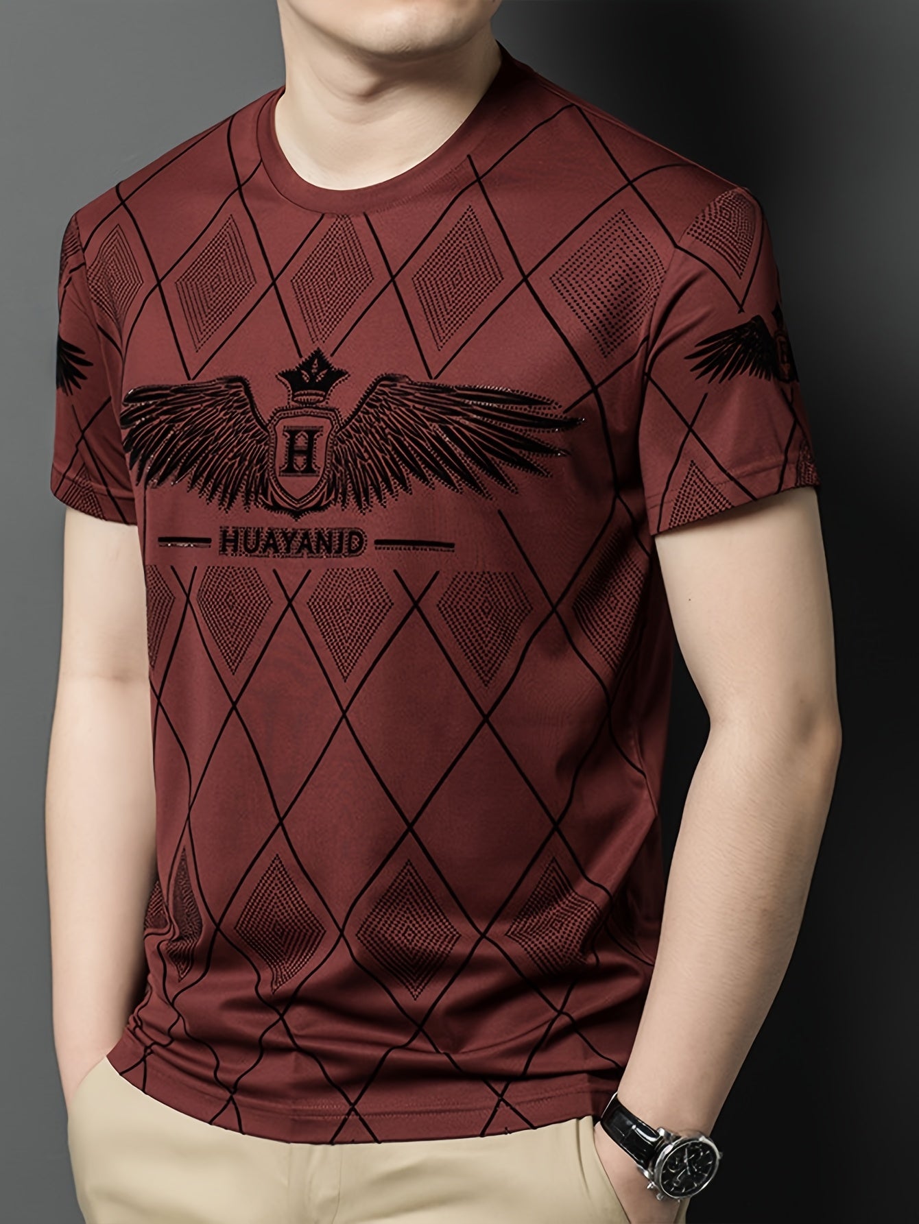 SINBOS Men's 2025 Summer Short Sleeve T-Shirt - Black Casual Graphic Print Tee with Wing HUYAND Logo Design, Breathable Stretch Fabric, Round Neck Regular Fit for Casual Attire, Nontransparent Material, Relaxed Fit, Trendy