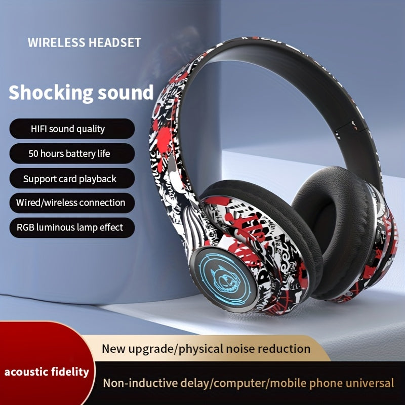 Wireless Headset with Shocking Sound, HIFI Sound Quality, 50 Hours Battery Life, Support Card Playback, Wired/Wireless Connection, RGB Luminous Lamp Effect, New Upgrade/Physical Noise Reduction, Acoustic Fidelity, Non-Inducti