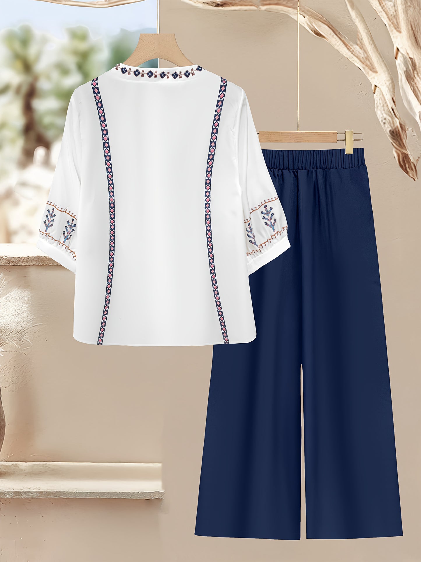 Elegant Ethnic Style Loose-Fit Top and Solid Color Casual Pants 2pcs Set for Women - Chic V-Neck with Floral Pattern, Long Sleeve, Polyester Blend, Perfect for Spring/Summer/Fall