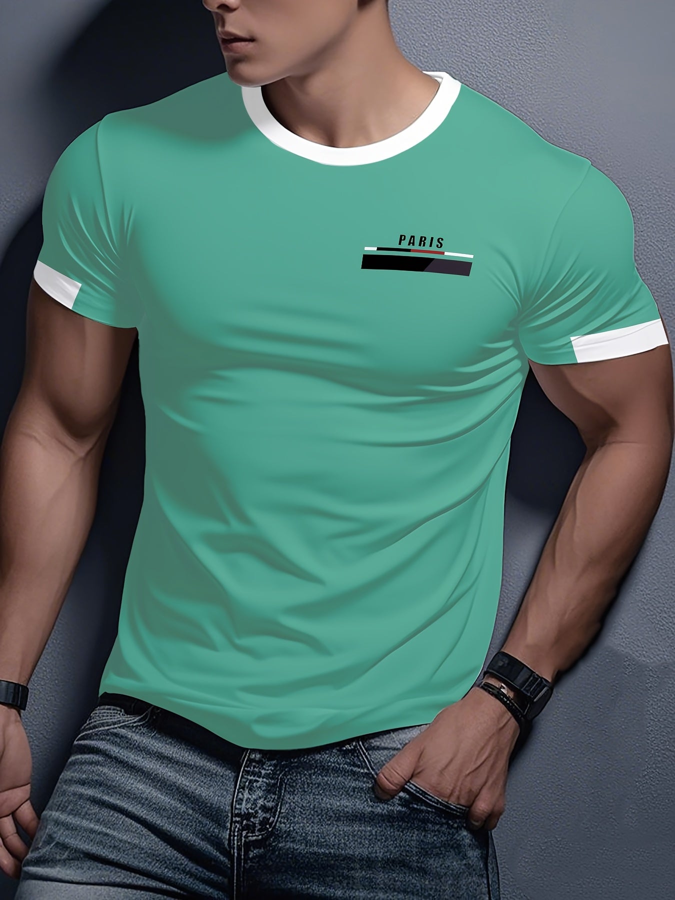 Men'S Paris Graphic T-Shirt - Green Polyester Crew Neck Tee with White Stripes Print - Casual Sporty Knit Top for Casual Attire, Breathable Fabric