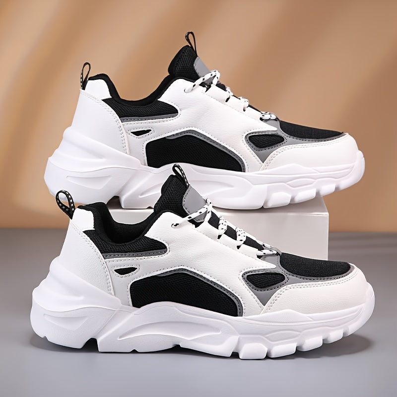 Men's Casual Athletic Sneakers, Lightweight Breathable Lace-Up EVA Sole Low-Top Sneakers, Black White Color Block