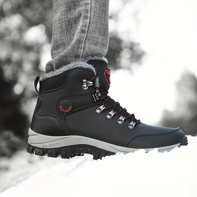 Men'S Winter Snow Warm Hiking Boots, Plush Ankle Boots, Lace-Up Outdoor Trend Style, Suitable for Hiking on Snowy Ground