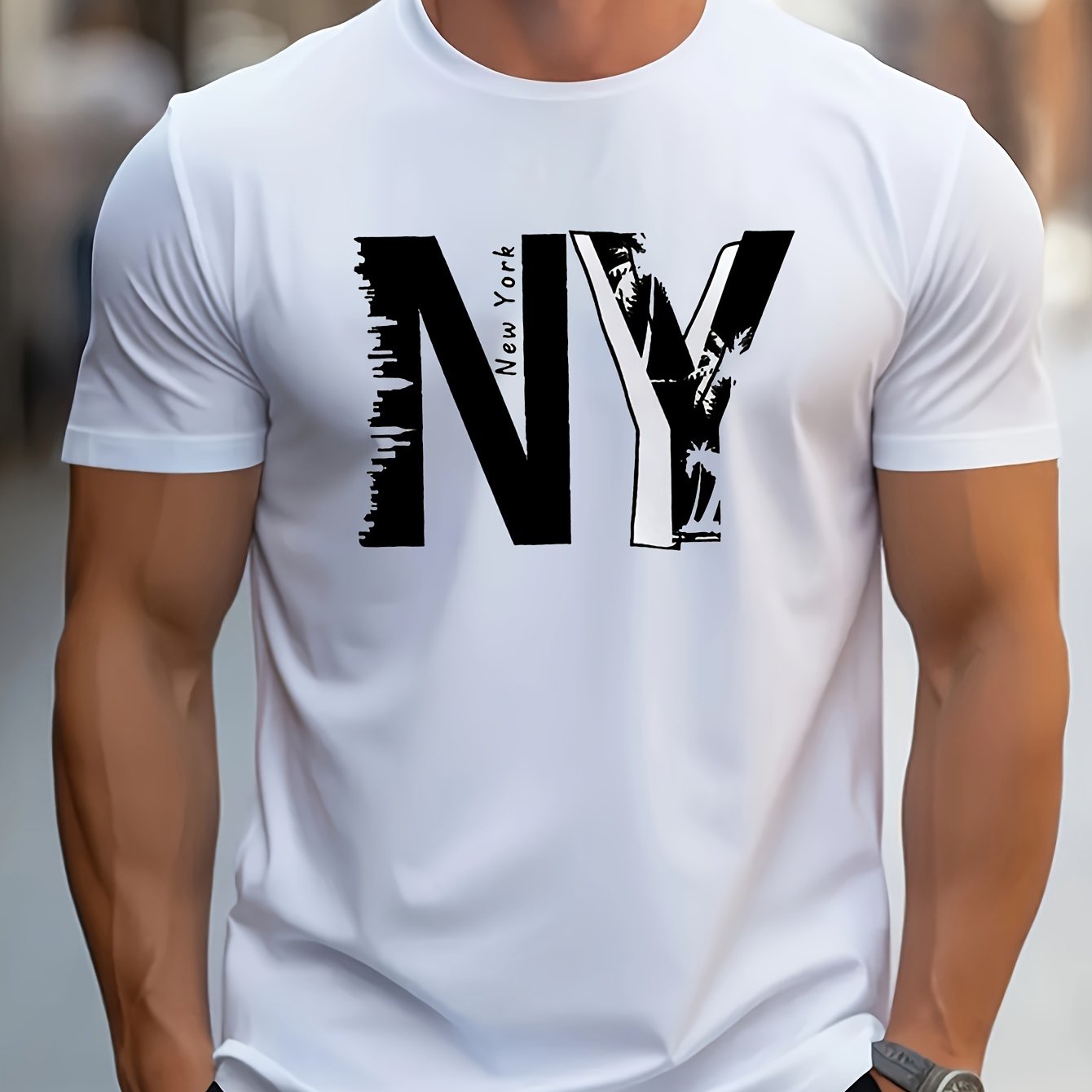 1pc Men'S Casual Cotton Blend T-Shirt with Letter Print, Round Neck, Regular Fit for Summer - Black, Navy, Red