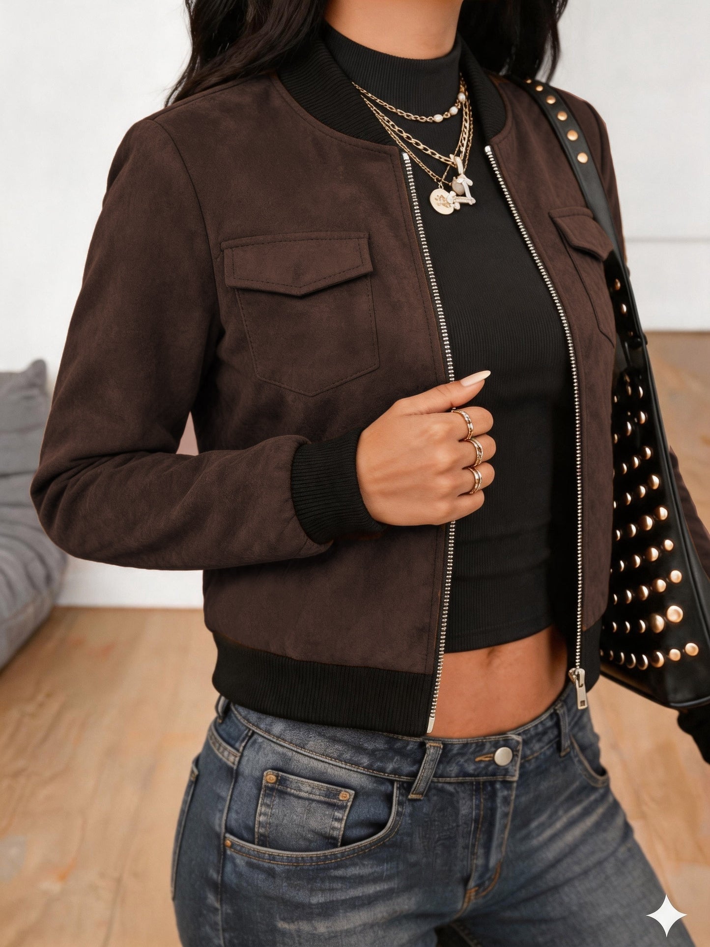 Women's Casual Long-Sleeve Polyester Jacket with Pockets