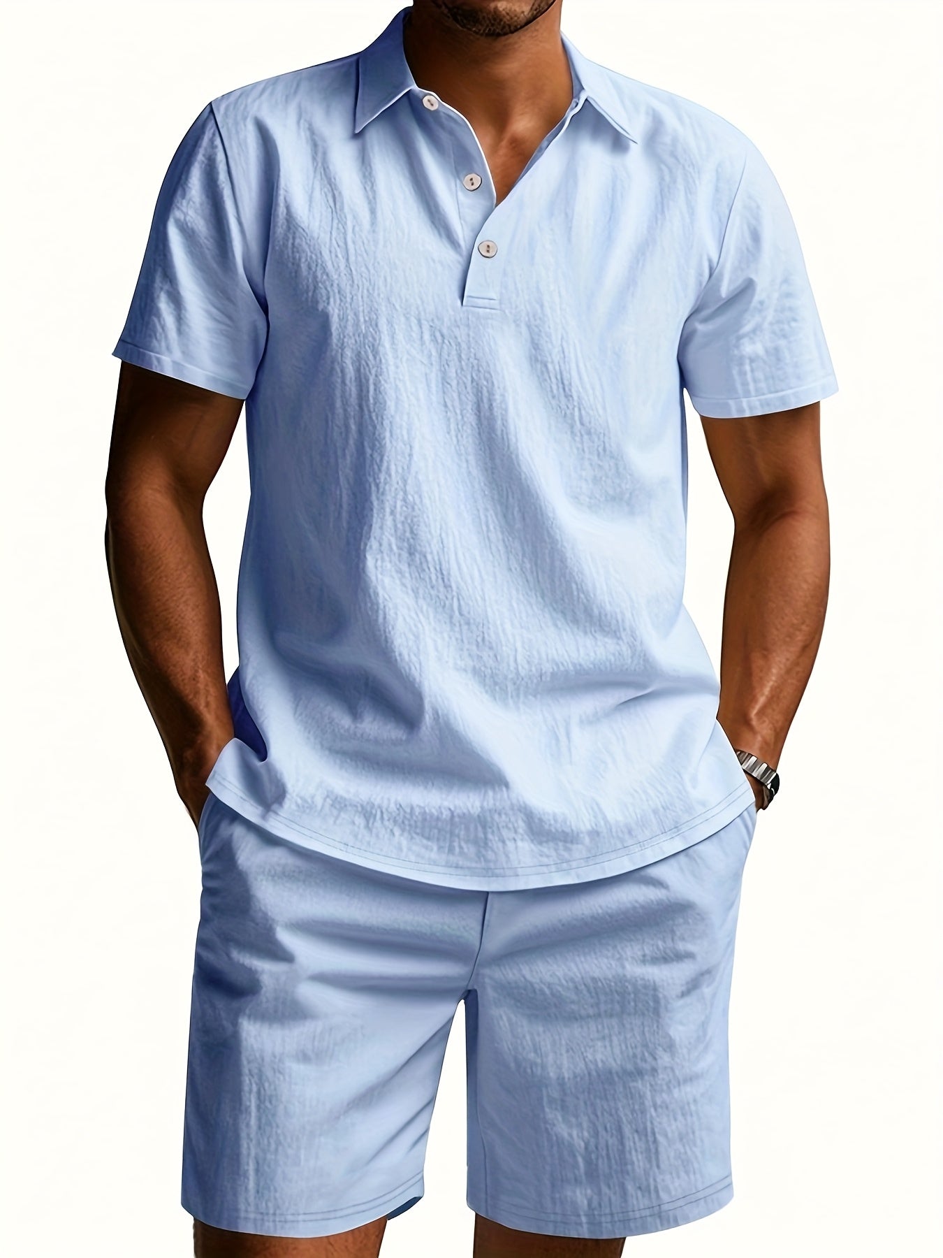 Essential for a Cool Summer! Men's Linen Shirt & Shorts Set, Comfortable Casual Outing Choice - Simple Beach Vacation Style Solid Color Linen
