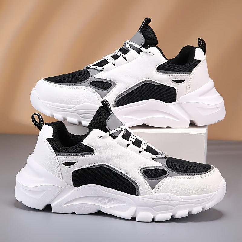 Men's Casual Athletic Sneakers, Lightweight Breathable Lace-Up EVA Sole Low-Top Sneakers, Black White Color Block