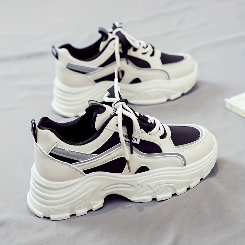 Women's Trendy Chunky Sneakers - Breathable Lace-Up Dad Shoes with Thick PVC Sole, White Beige Two-Tone Design, Versatile Low-Top Style for Casual Attire