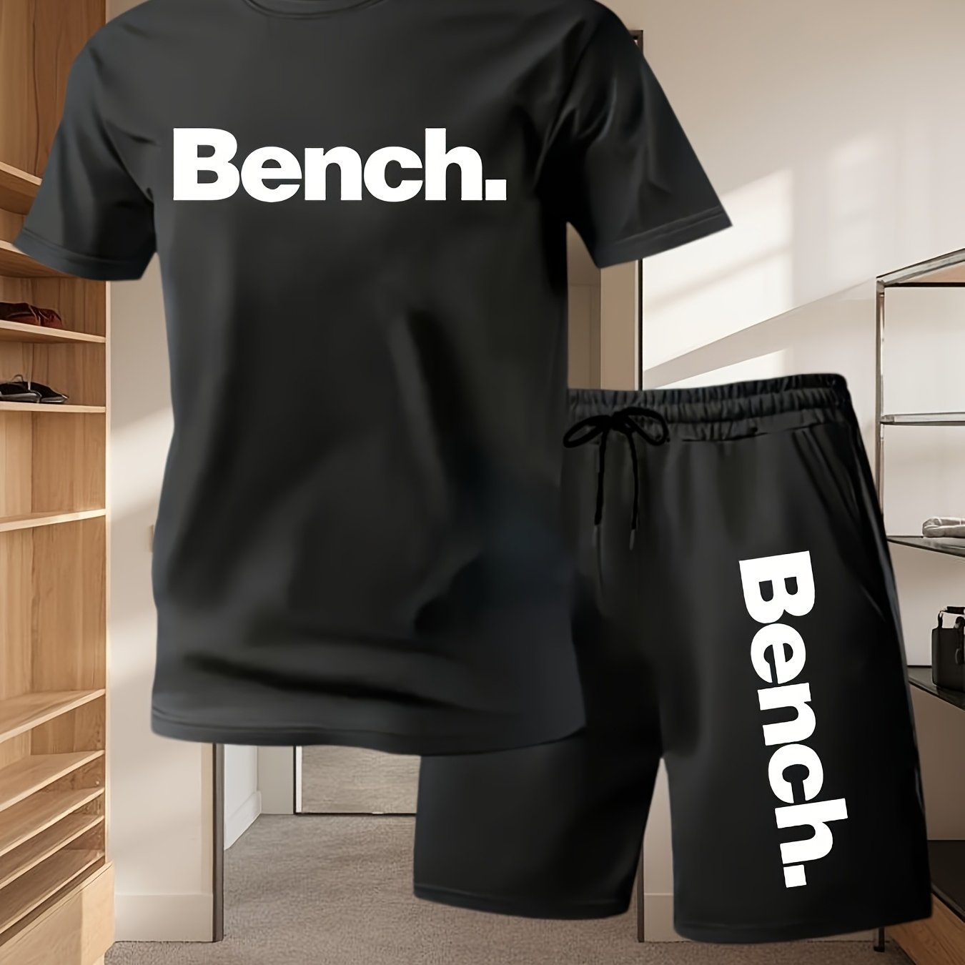 Summer Men'S Casual Sports Short Sleeve T-Shirt and Shorts Set, Comfortable Breathable, Suitable for Outdoor Jogging Running Fitness, Bench. Letter Print Design - 2pcs