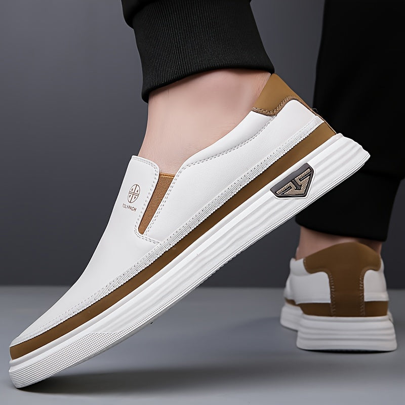 Men's Stylish Slip-On Loafers - Soft Upper, Non-Slip Rubber Sole, White with Brown & Golden Accents, Comfortable for Everyday Casual Wear, Vacation Shoes | Decorative Stitching | Synthetic Shoes, Dressy Shoes