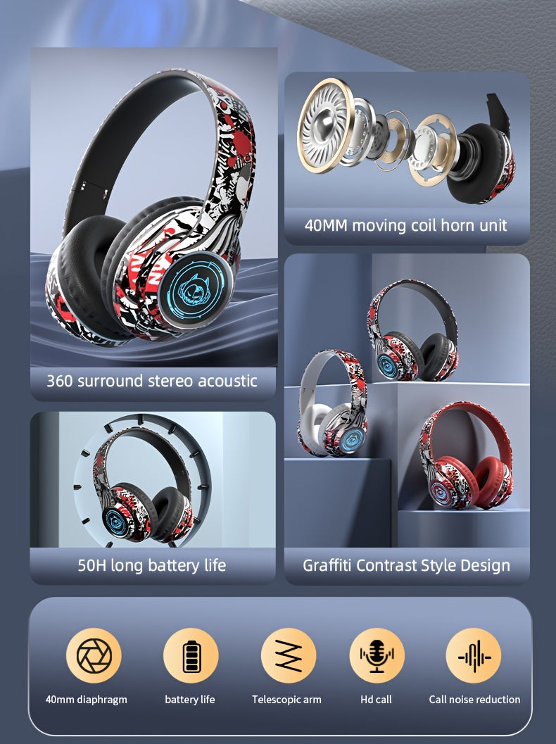 Wireless Headset with Shocking Sound, HIFI Sound Quality, 50 Hours Battery Life, Support Card Playback, Wired/Wireless Connection, RGB Luminous Lamp Effect, New Upgrade/Physical Noise Reduction, Acoustic Fidelity, Non-Inducti