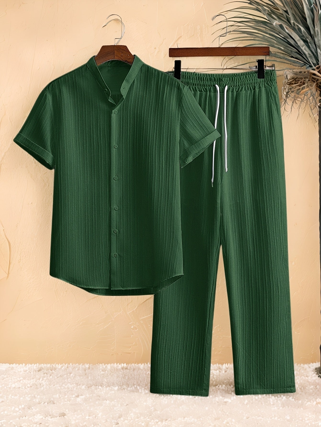 Casual 2pcs Set: Short Sleeve Stand Collar Shirt + Tie Straight Leg Pants, Suitable for Vacation Beach Outdoor Leisure Party