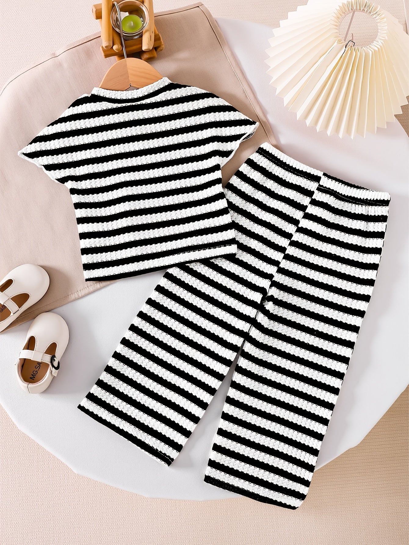 Girls' Striped Short-Sleeve Top & Long Pants Set - Elegant Casual