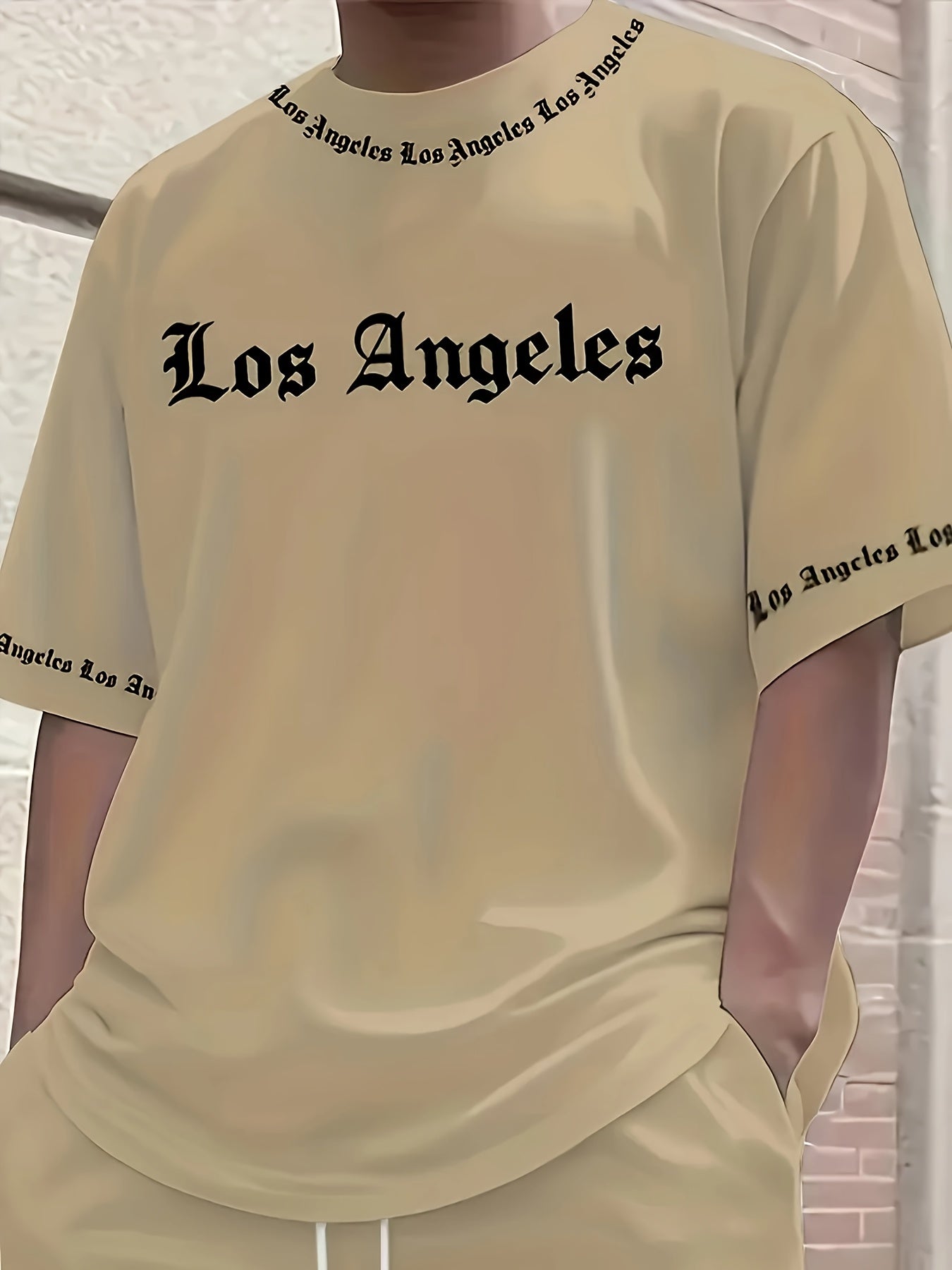 Men'S Los Angeles Graphic Print Casual Sportswear Set - Breathable Summer Short Sleeve T-Shirt & Drawstring Shorts with Pockets, Regular Fit, Crew Neck, Comfortable & Stylish for Casual Attire, Leisure Clothing | Trendy Sport