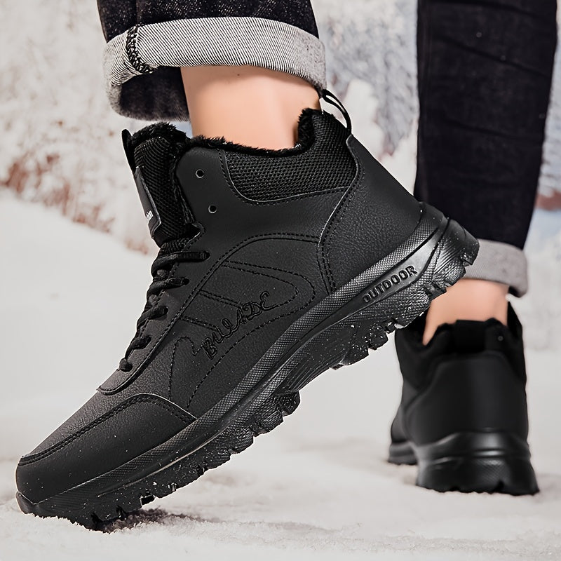 Men's Mid-Top Outdoor Sneakers | Plush Lining for Warmth | Durable MD Sole | All-Season Comfort | Stylish Black | Casual Walking Shoes with Hook & Loop Fastener | Ideal for Travel and Everyday Use