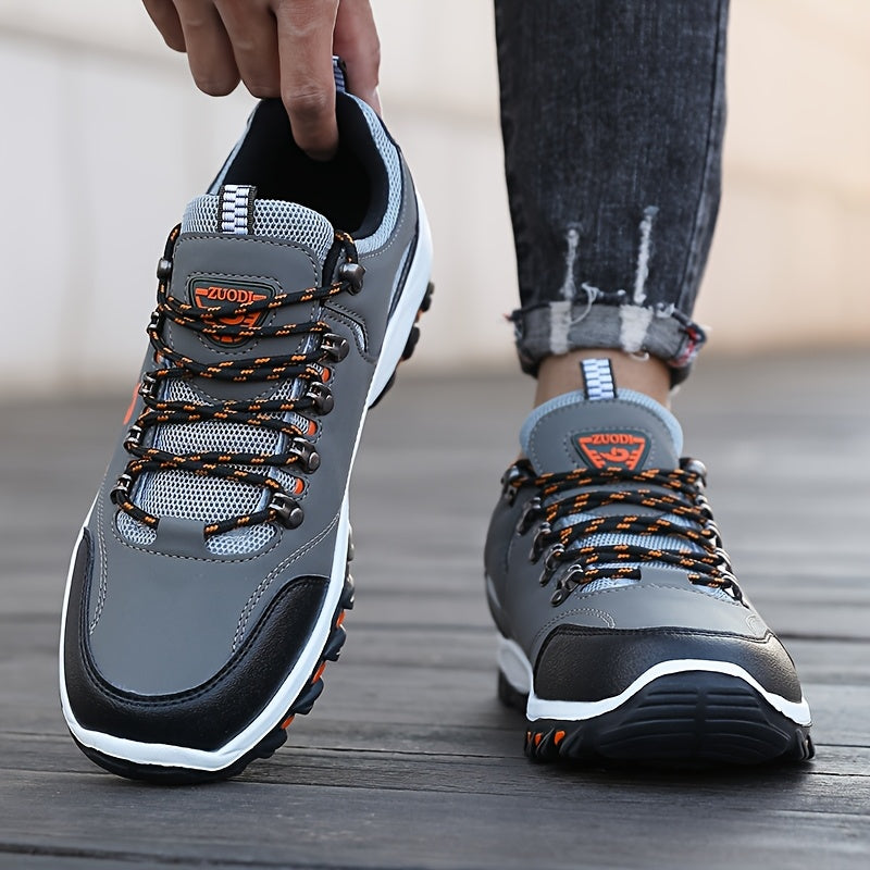Men's Low-Top Lace-Up Outdoor Hiking Shoes, Durable Non-Slip Rubber Sole All-Season Sports Footwear with Plain Toe, PU Upper, Fabric Inner & Insole for Camping, Climbing - Black with Orange Accents, Allseason Sports Shoes | C