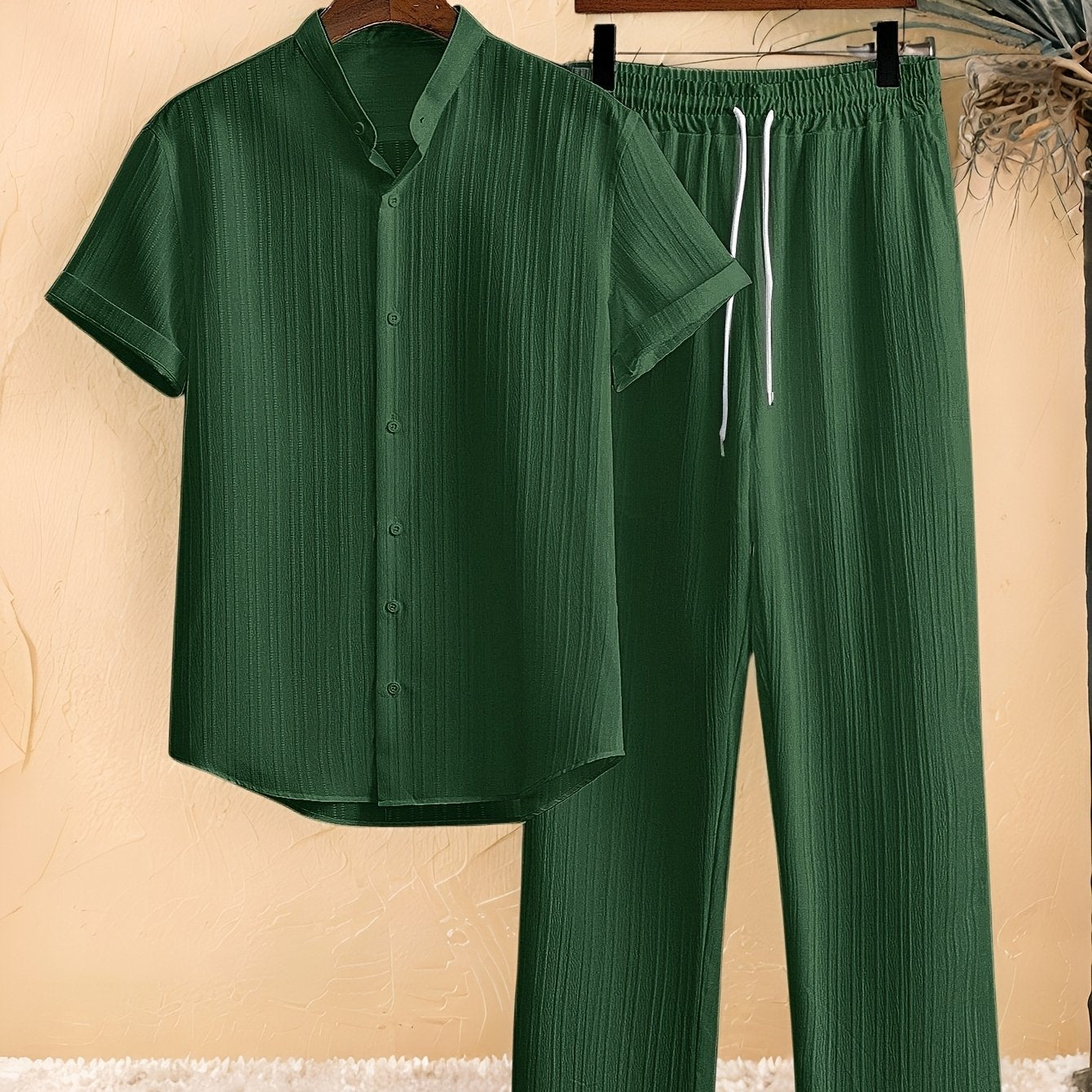 Casual 2pcs Set: Short Sleeve Stand Collar Shirt + Tie Straight Leg Pants, Suitable for Vacation Beach Outdoor Leisure Party