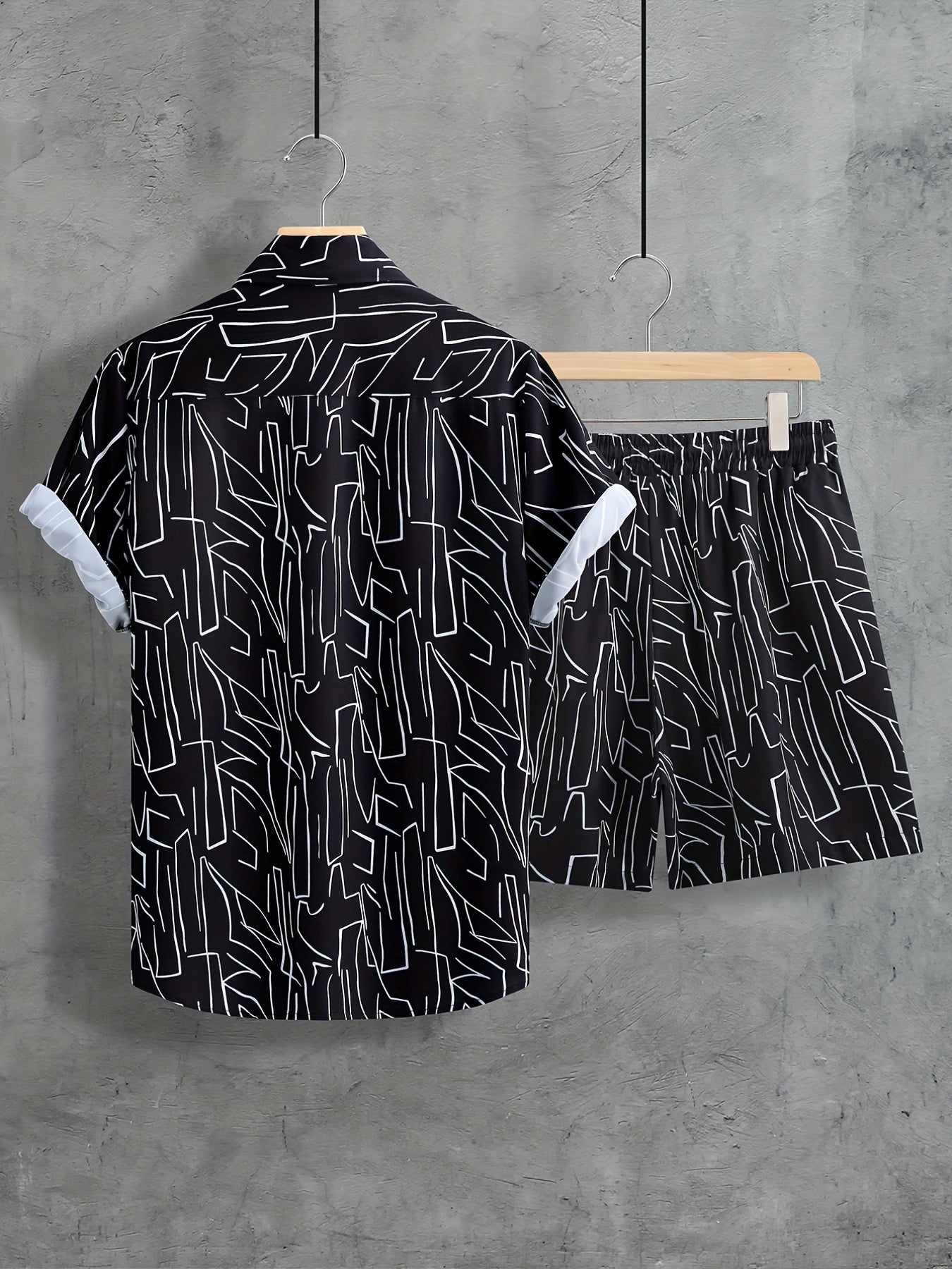 Men'S Summer Casual Short Sleeve Shirt and Shorts Set, Geometric Pattern, Square Neck, Regular Fit, 100% Polyester, Woven Fabric, 120g/m² - Black