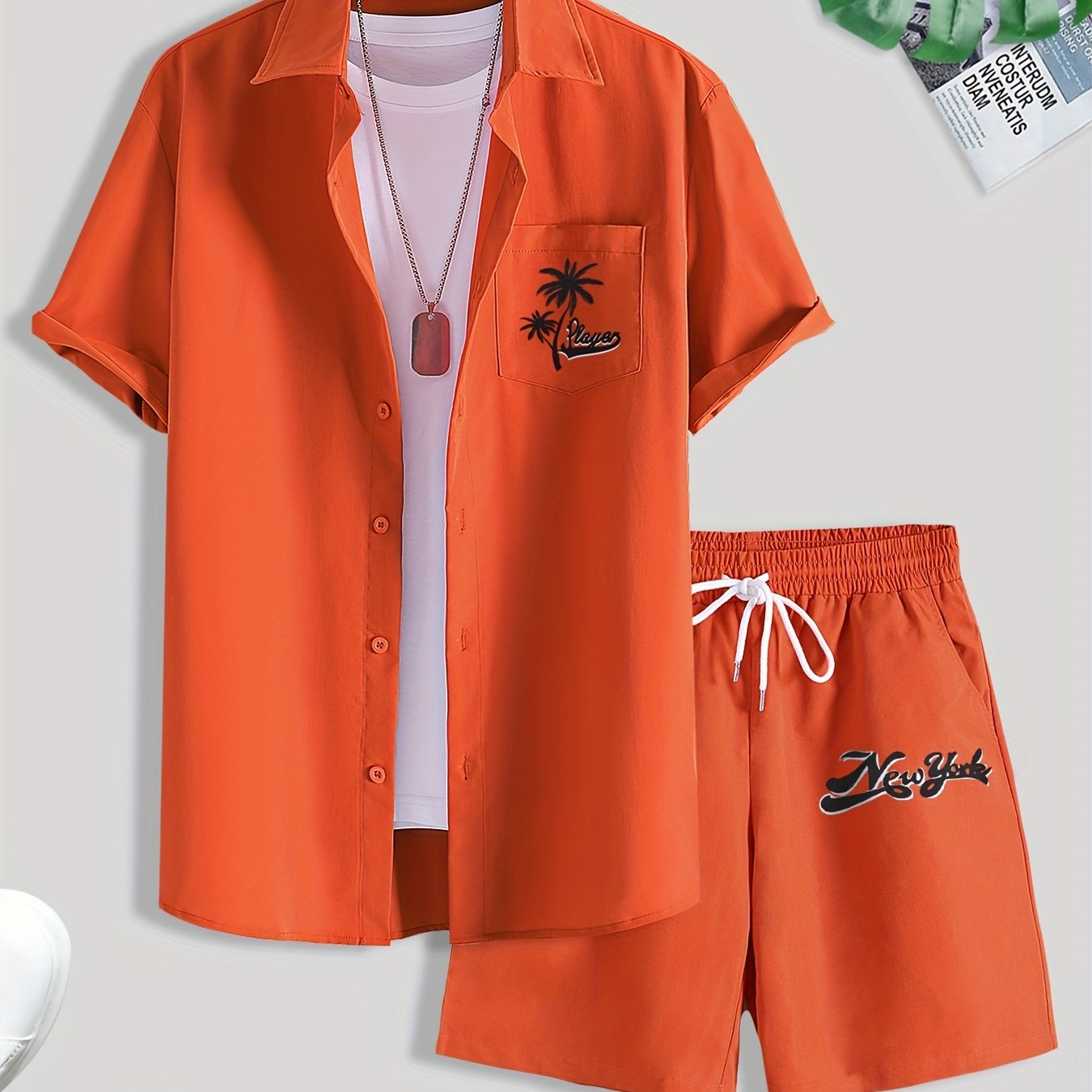 2-piece Men's Stylish Summer Beach Wear Set, Letter Print Men's Short Sleeve Lapel Shirt With Chest Pocket & Drawstring Shorts Co Ord Se