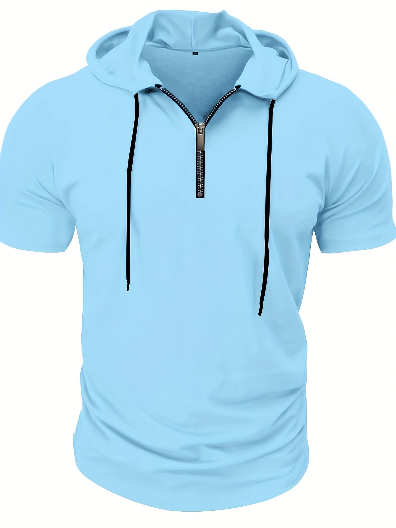 1pc Men's Light Blue Casual Hooded Short Sleeve T-Shirt with 1/4 Zipper, Breathable Stretch Fabric for Gym, Outdoor Summer Wear, Gym Apparel, Stylish Contrast Detailing, Comfortable Fit