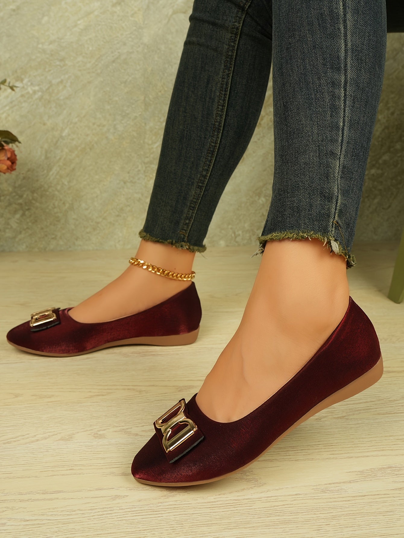 Women's Elegant Red Slip-On Flats with Golden Double Buckle Design - Comfortable Faux Cover Shoes for All Seasons, Pointed Toe Rubber Sole, Perfect for Casual or Dressy Occasions, Dressy Flats Buckle Embellished Shoes Lux