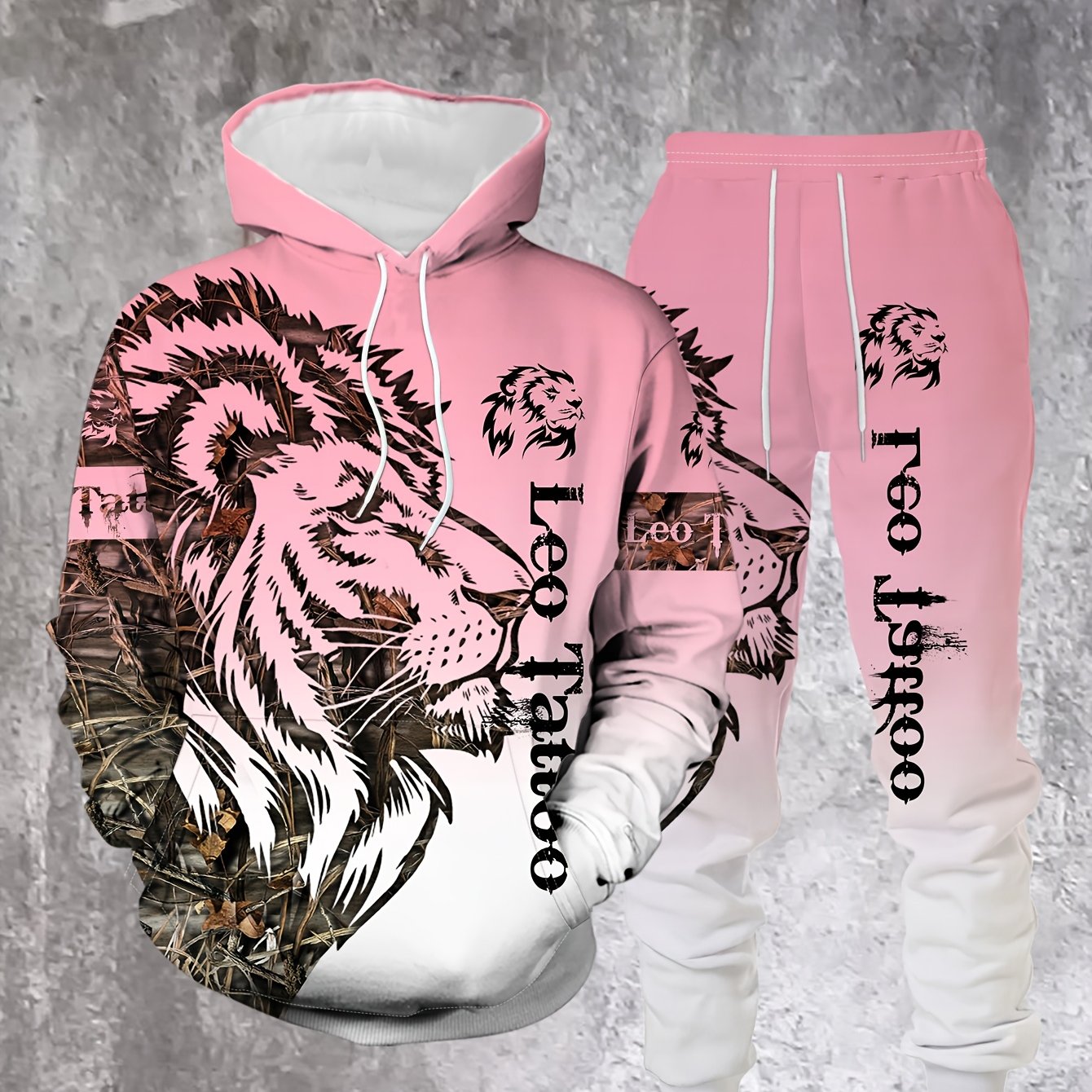 1set Fashion Street Style Men'S Lion Letter Print Hoodie and Sweatpants Set, Casual Weekend Wear, Polyester Knit Fabric with Slight Stretch, Animal Pattern, Regular Fit, for Spring/Fall