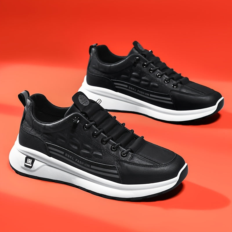 Men's Breathable Casual Sneakers - Comfortable, Versatile Stylish Shoes for Running, Sports Casual Attire, Black with White Accents, PU Upper PVC Sole, Round Toe, Lace-Up Design, All-Season Use