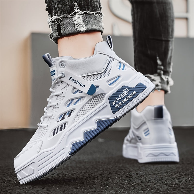 Men's High Top Fashion Sneakers Graphic Print Lace-Up Casual Skateboard Shoes with Round Toe, PU Mesh Upper, Fabric Lining, and Rubber Sole