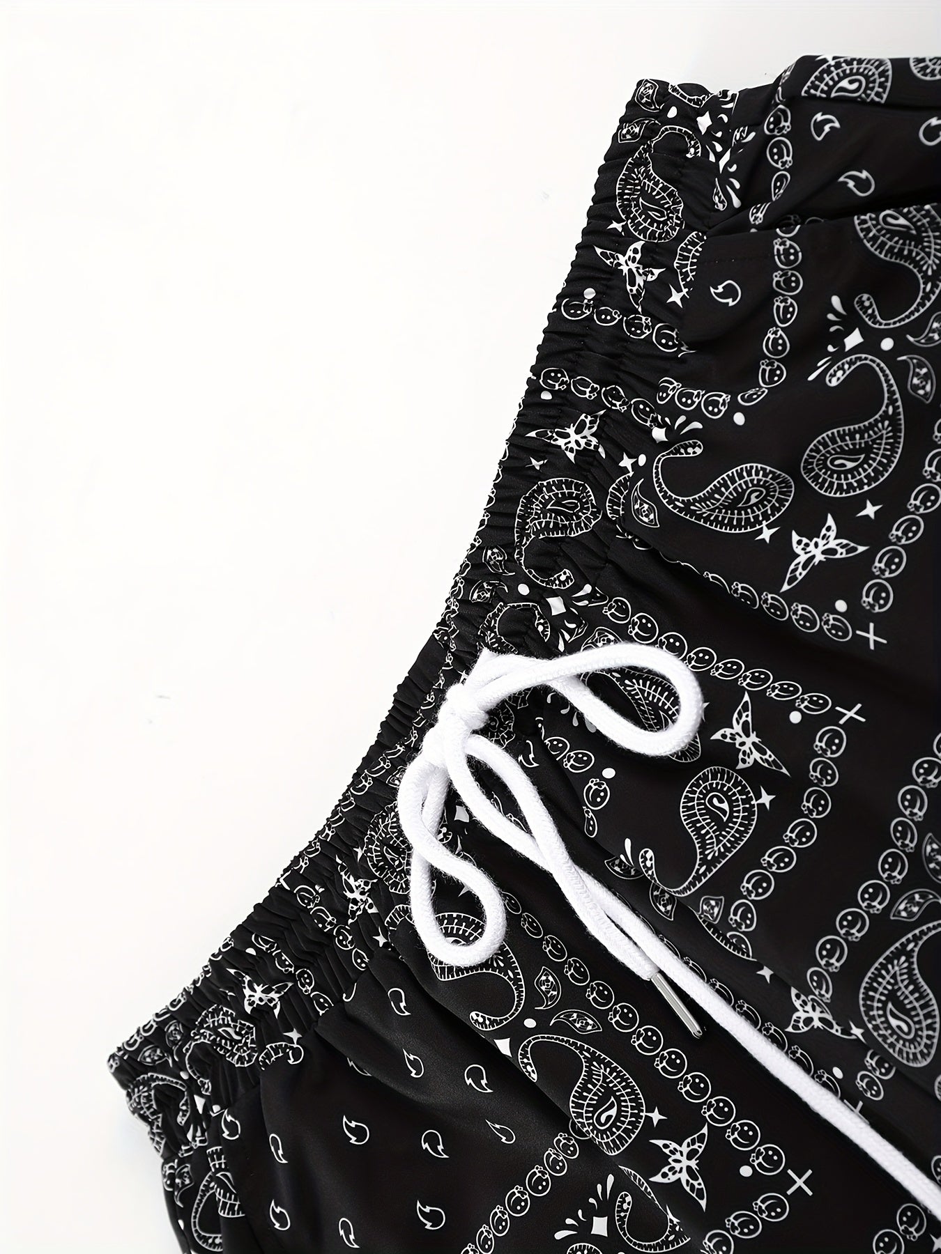 Men's Paisley Print Short Sleeve Shorts Single Button Shirt Suit with Elastic Cord and Pockets