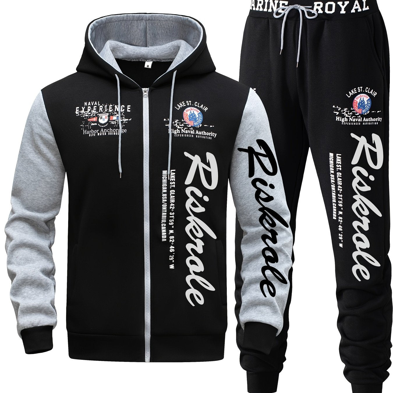 Men's Hooded Letter Print Tracksuit, 2pcs Casual Sports Set, Fashion Hoodie With Full-zip And Elastic-waist Pants, Regular Fit, Outdoor Cloth