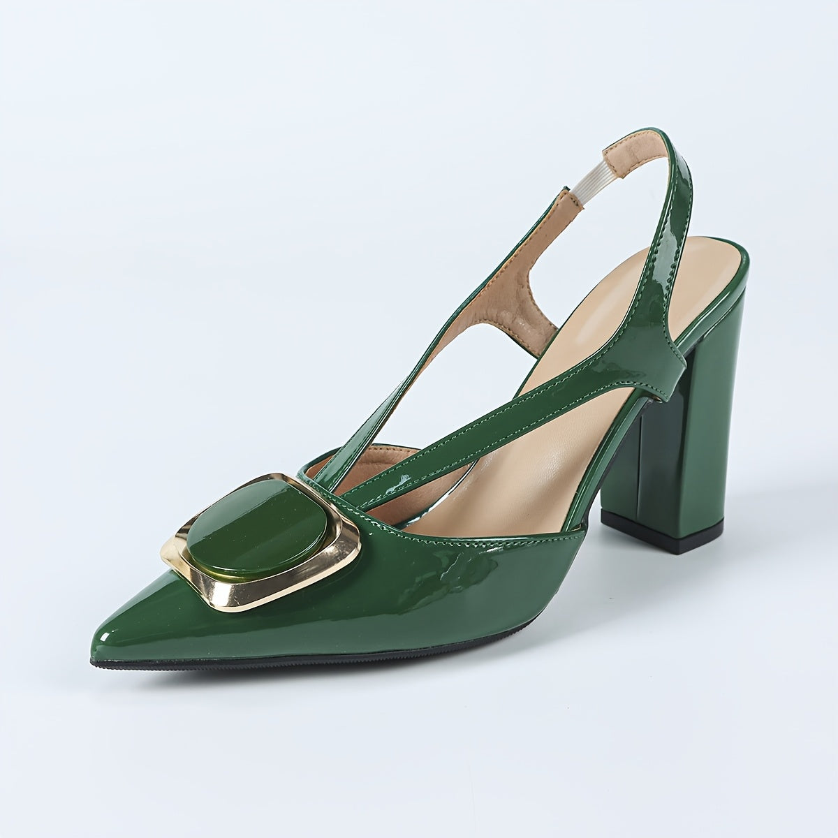 Elegant Green Pointed-Toe High Heels with Golden Buckle - Stylish Chunky Heel Pumps for Weddings, Parties Formal Events, Synthetic Cover TPU Sole, Summer Women'S Footwear